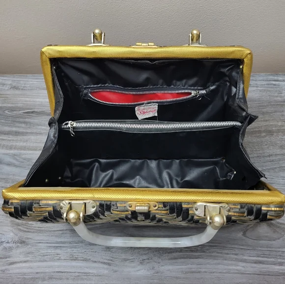 Vintage Stylecraft Black Gold Woven Plastic Handbag MCM - Picture 7 of 12